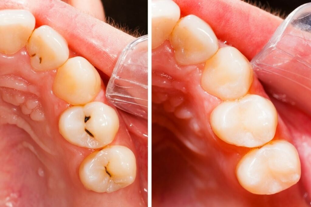 A split-screen comparison showing a patient's upper teeth before and after dental treatment. The left side displays teeth with dark decay stains in the grooves, and the right side displays the same teeth after being cleaned and restored with white composite fillings, appearing healthy and natural.
