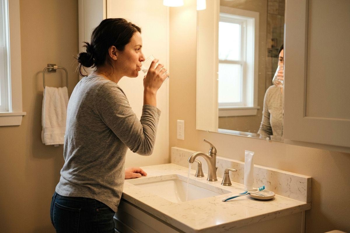 Woman drinking from a glass at the bathroom sink.