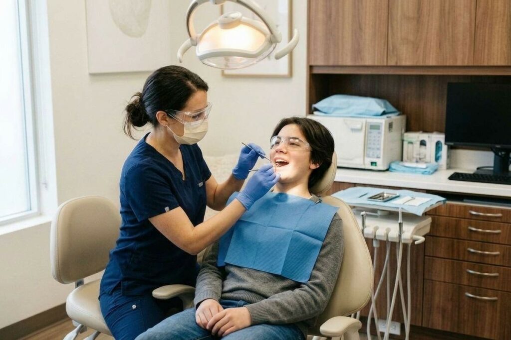 Dentist examining a smiling patient's open mouth in a dental chair, using a tool and gloves under an overhead exam light.