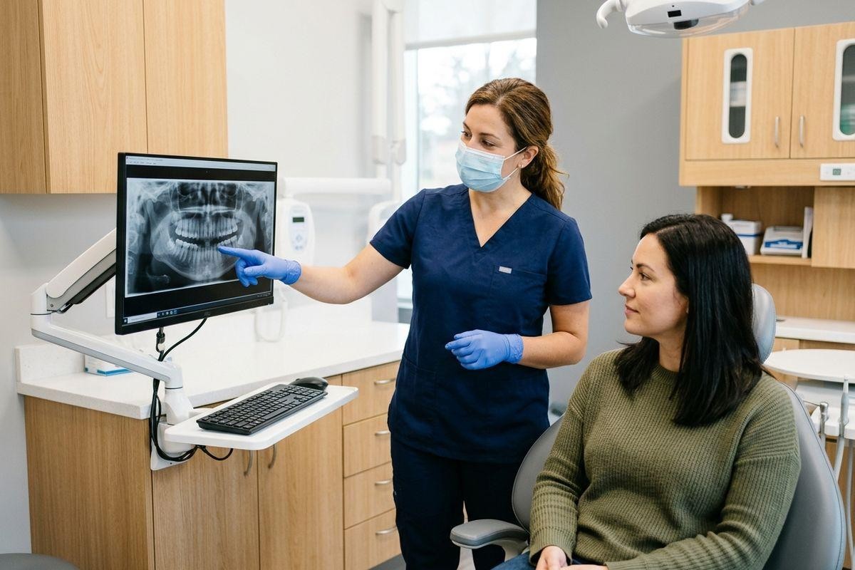 Dentist pointing to a dental X-ray on a monitor while a patient seated in a dental chair looks on attentively.
