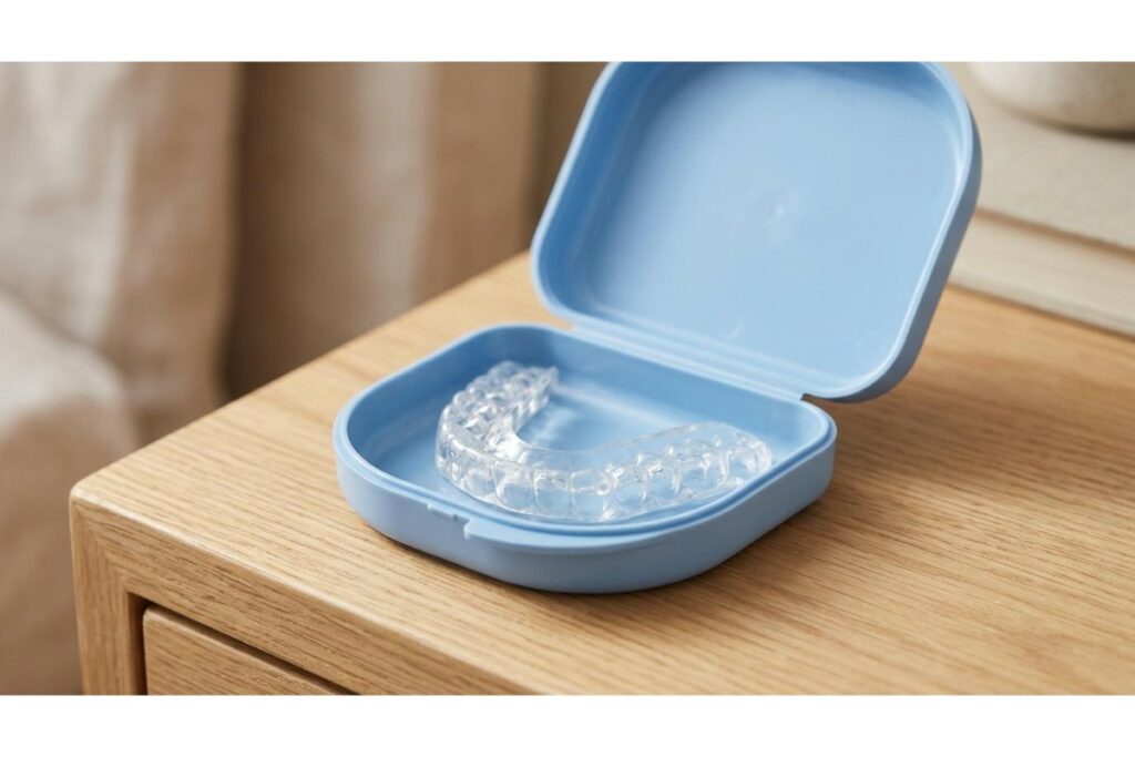 Mouth guard sitting in container on a bedside table.