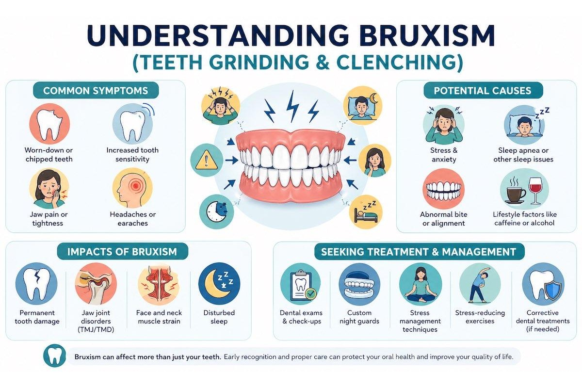 Understanding bruxism: symptoms, causes, impacts infographic.