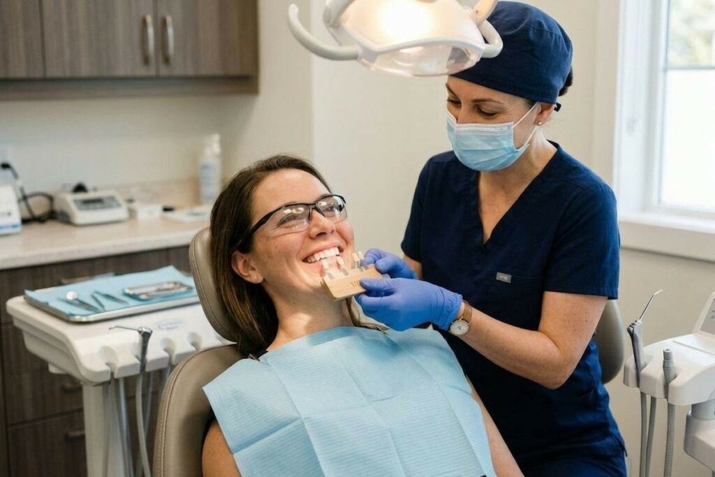 Dentist holding a tooth shade guide to the smiling teeth of a person in a dental chair wearing safety glasses.
