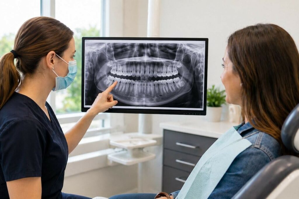 Patient and dentist reviewing dental x-rays.