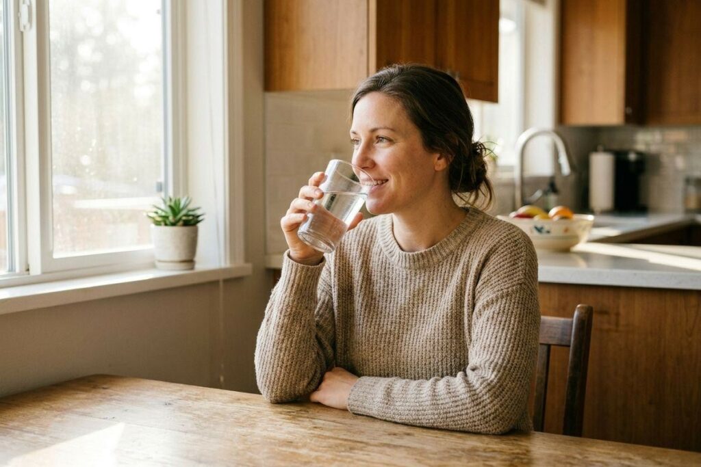 Smiling adult drinking a glass of water while seated at a kitchen table by a window.