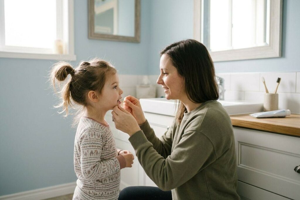 Smiling adult gently touches a child's lips while kneeling beside a bathroom sink.
